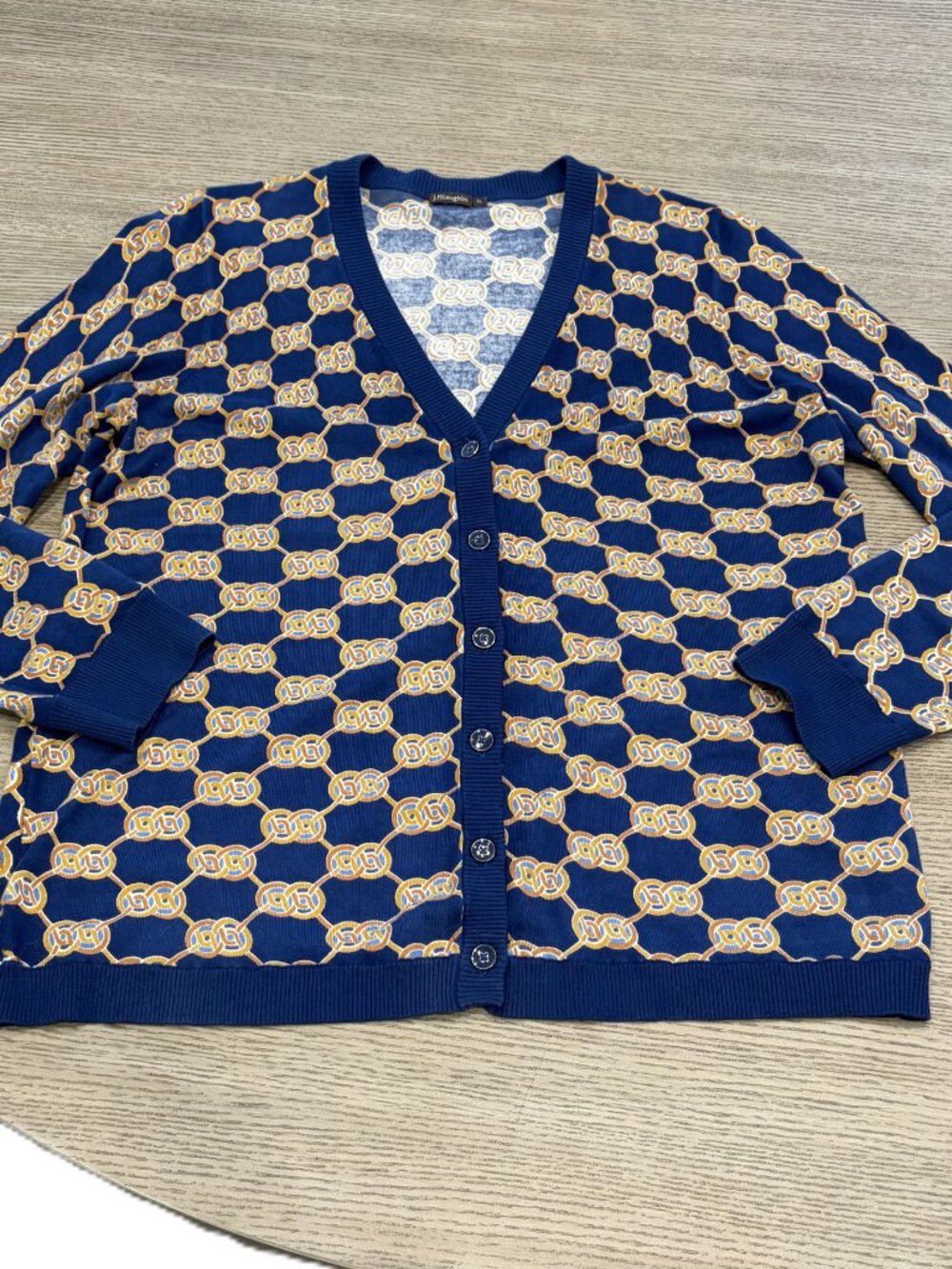 J.McLaughlin Navy Blue Gold Chain Print V-Neck Cardigan Sweater XL
